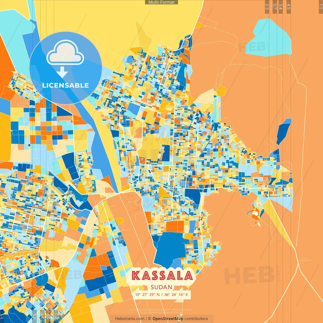 Kassala, Sudan blue and orange vector art map template
