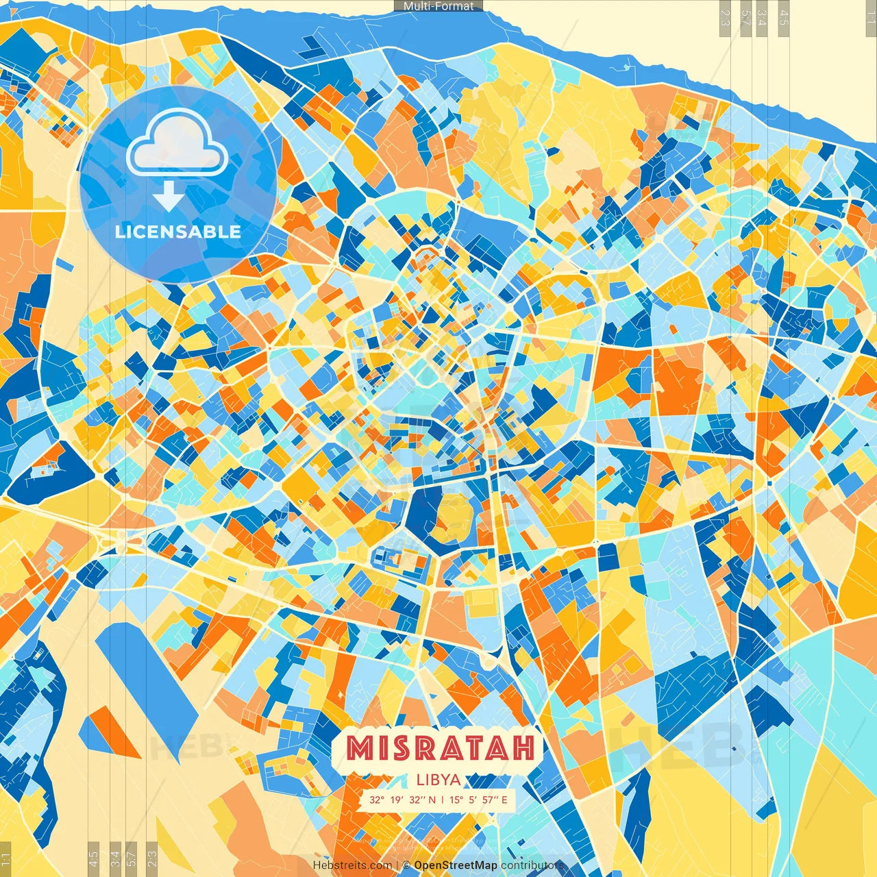 Misratah, Libya blue and orange vector art map template