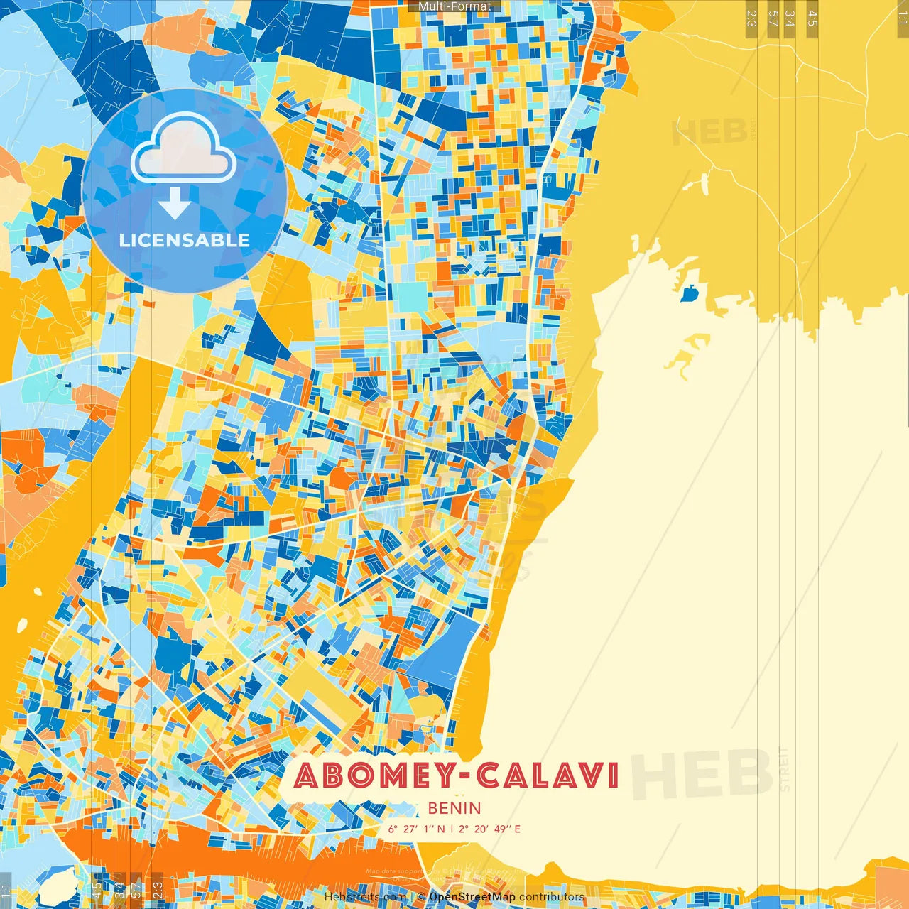 Abomey-Calavi, Benin blue and orange vector art map template