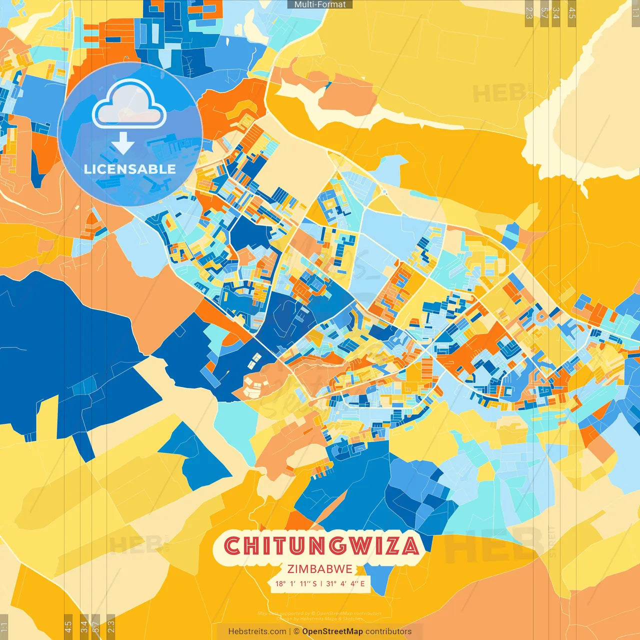 Chitungwiza, Zimbabwe blue and orange vector art map template