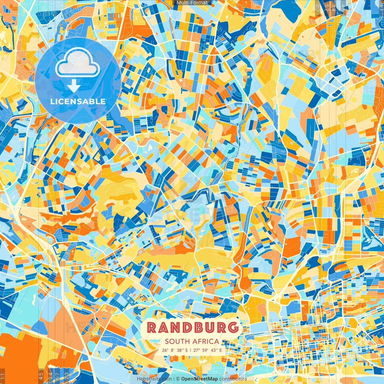 Randburg, South Africa blue and orange vector art map template