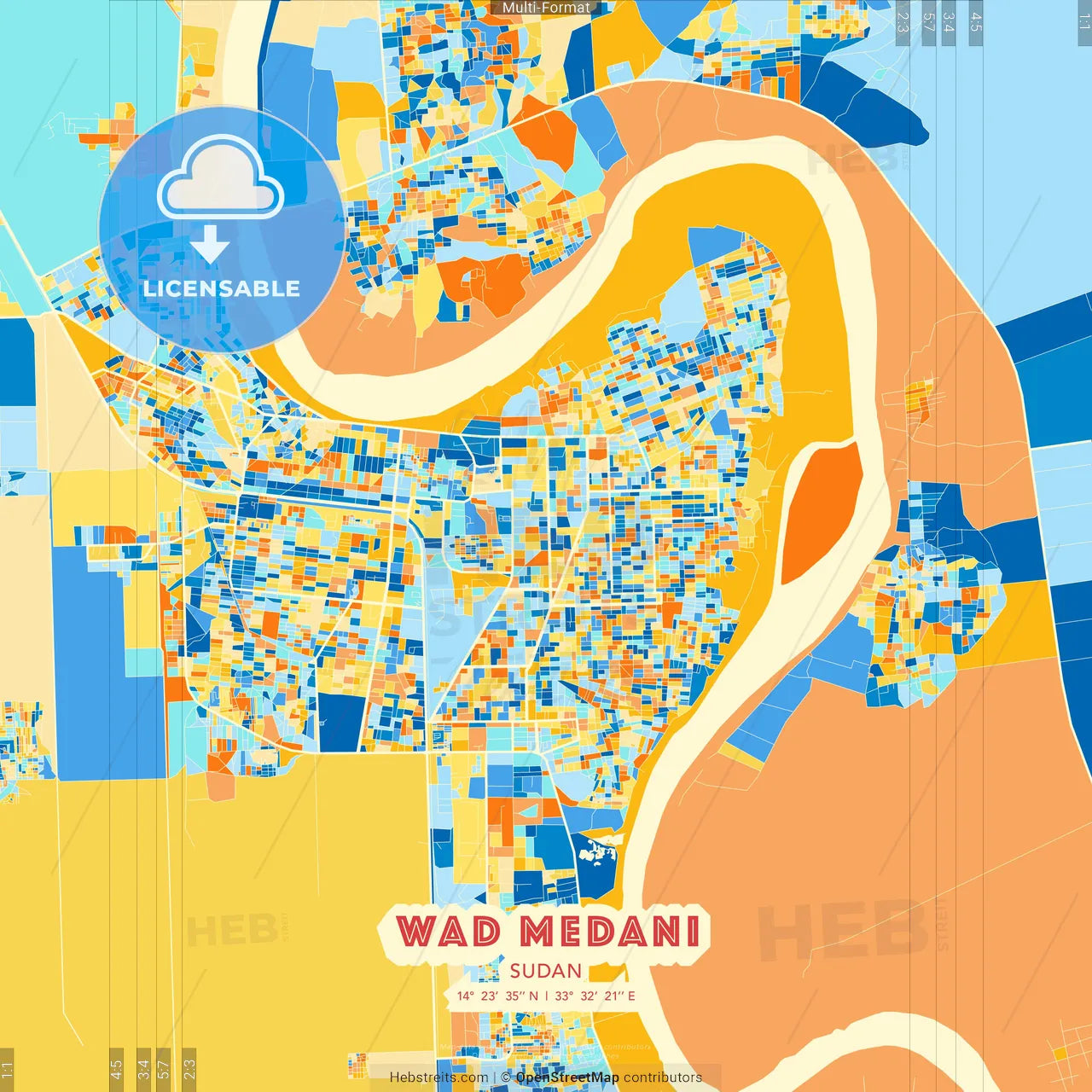 Wad Medani, Sudan blue and orange vector art map template