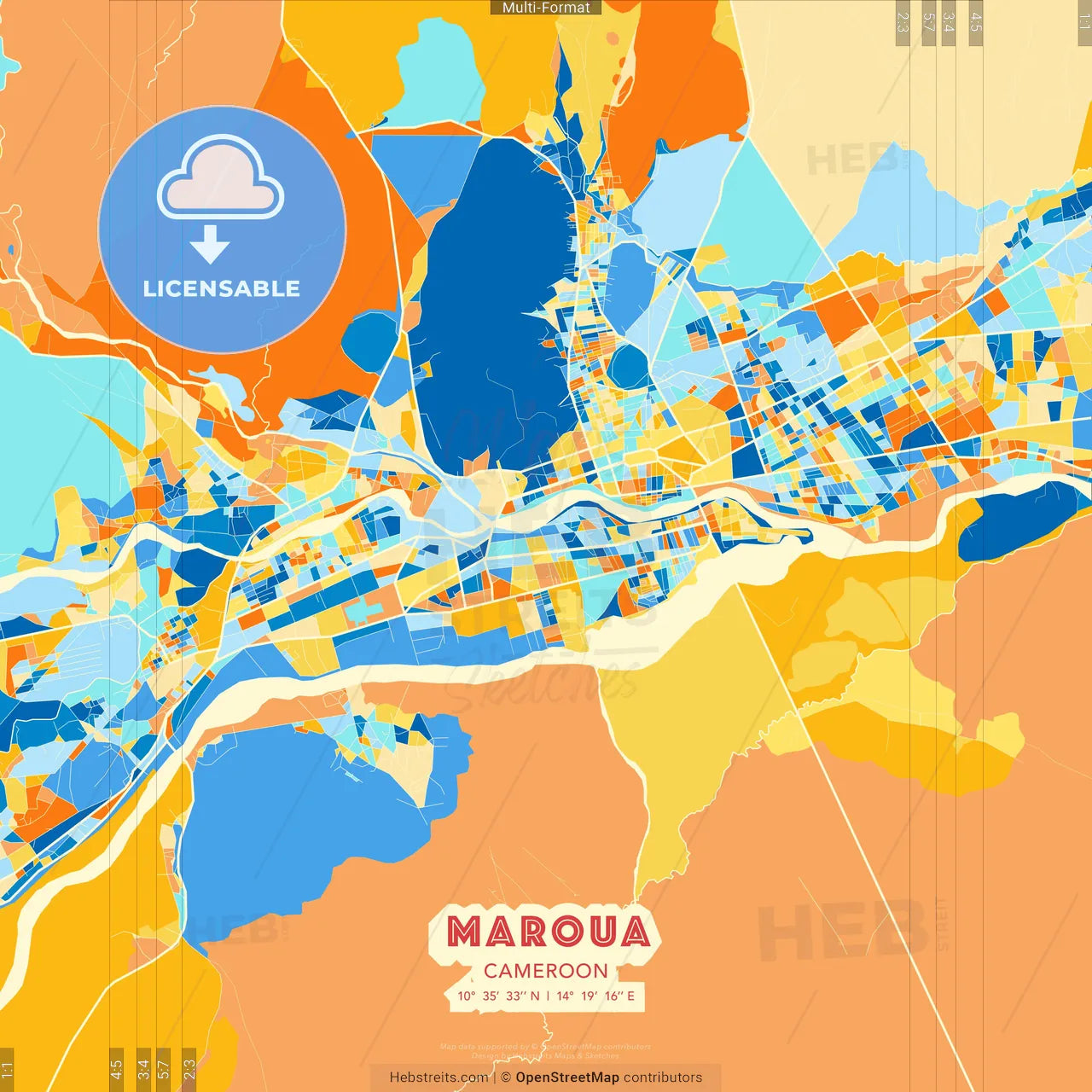 Maroua, Cameroon blue and orange vector art map template