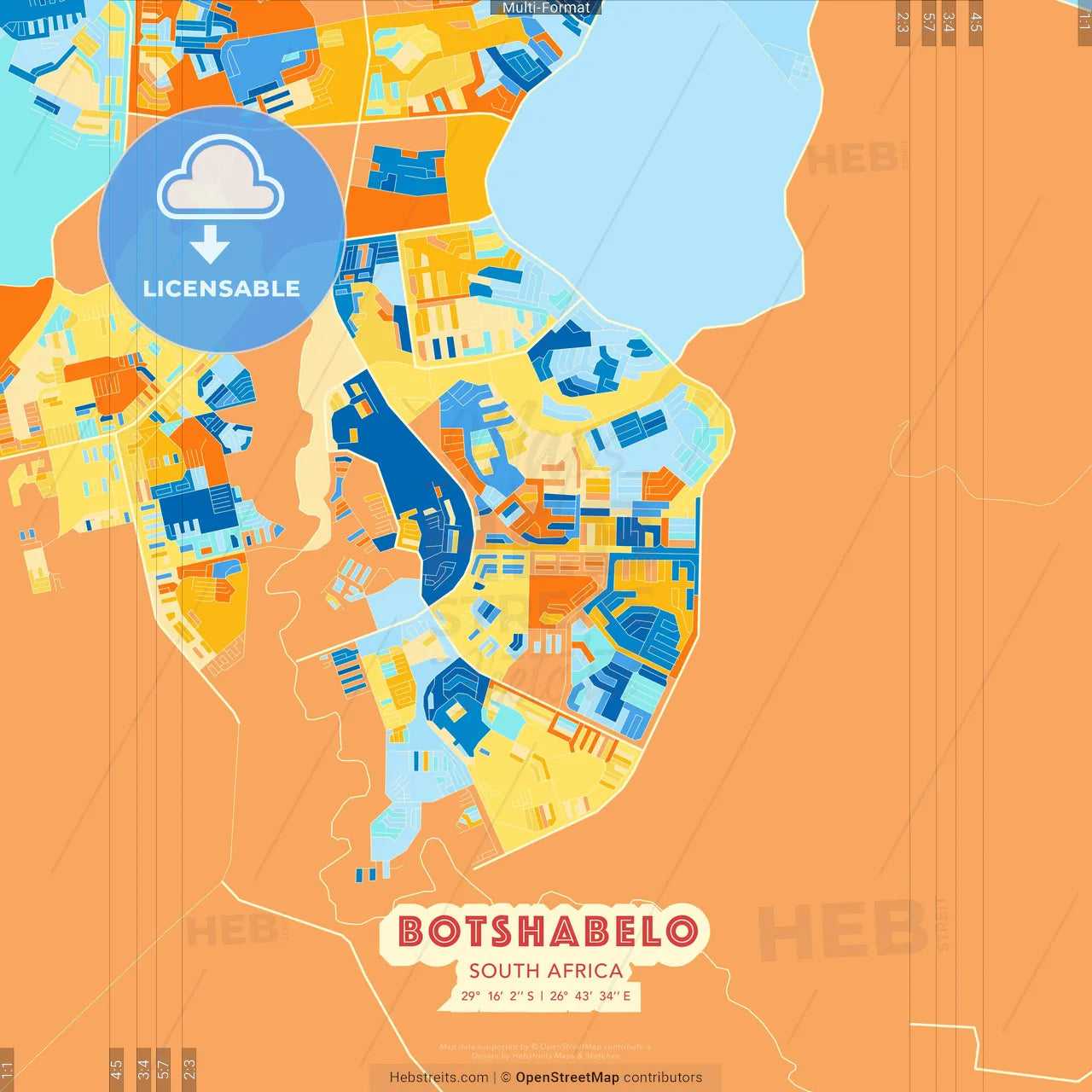 Botshabelo, South Africa blue and orange vector art map template