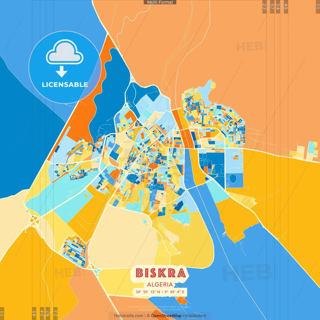 Biskra, Algeria blue and orange vector art map template