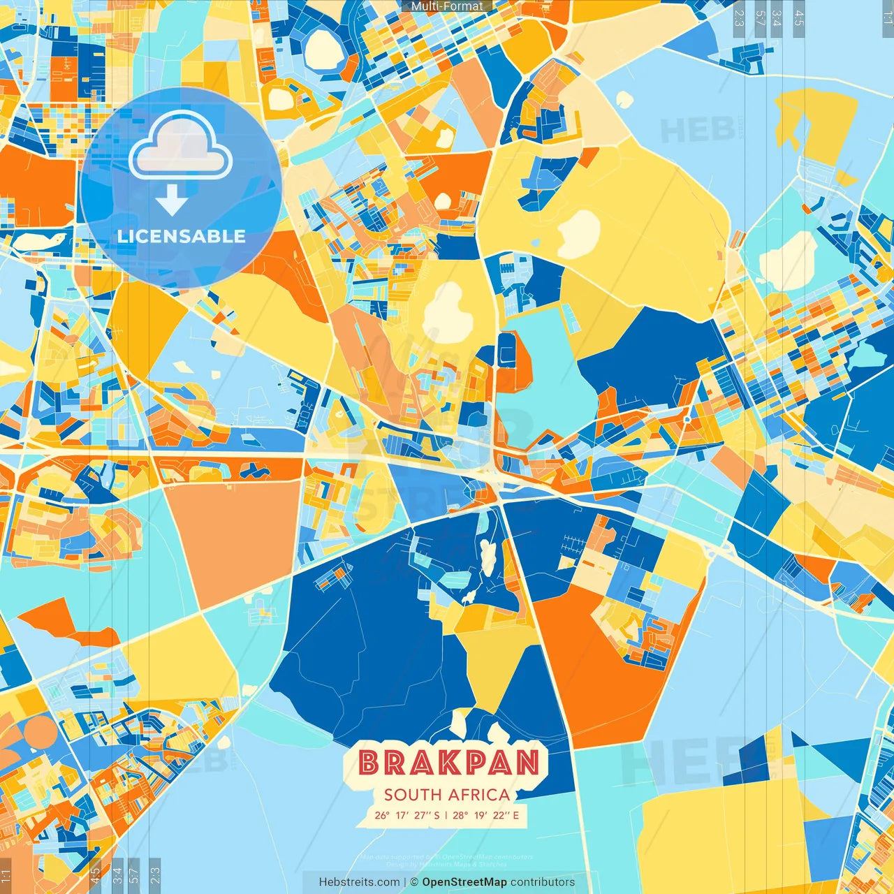 Brakpan, South Africa blue and orange vector art map template