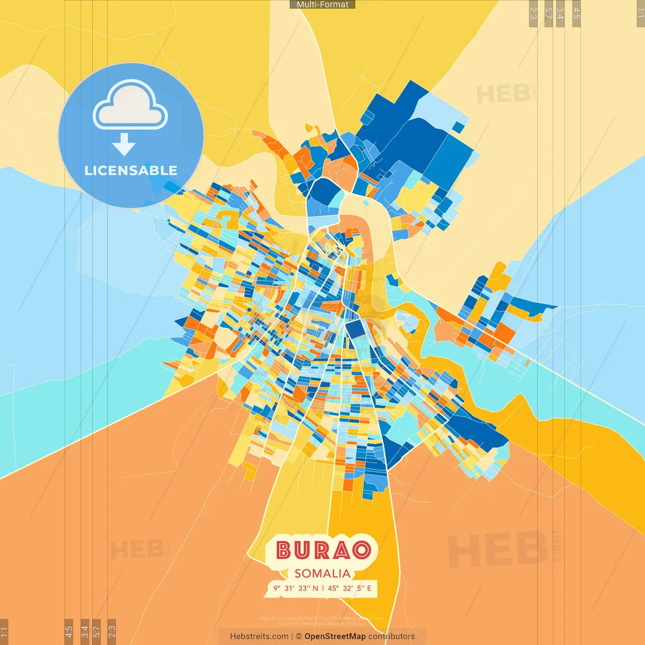 Burao, Somalia blue and orange vector art map template