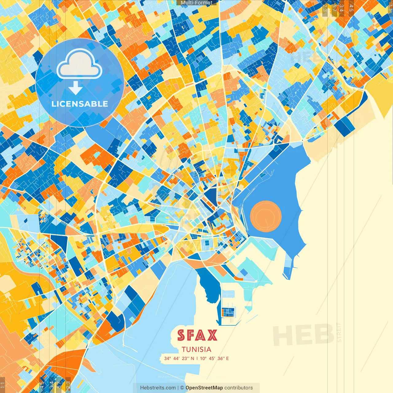 Sfax, Tunisia blue and orange vector art map template