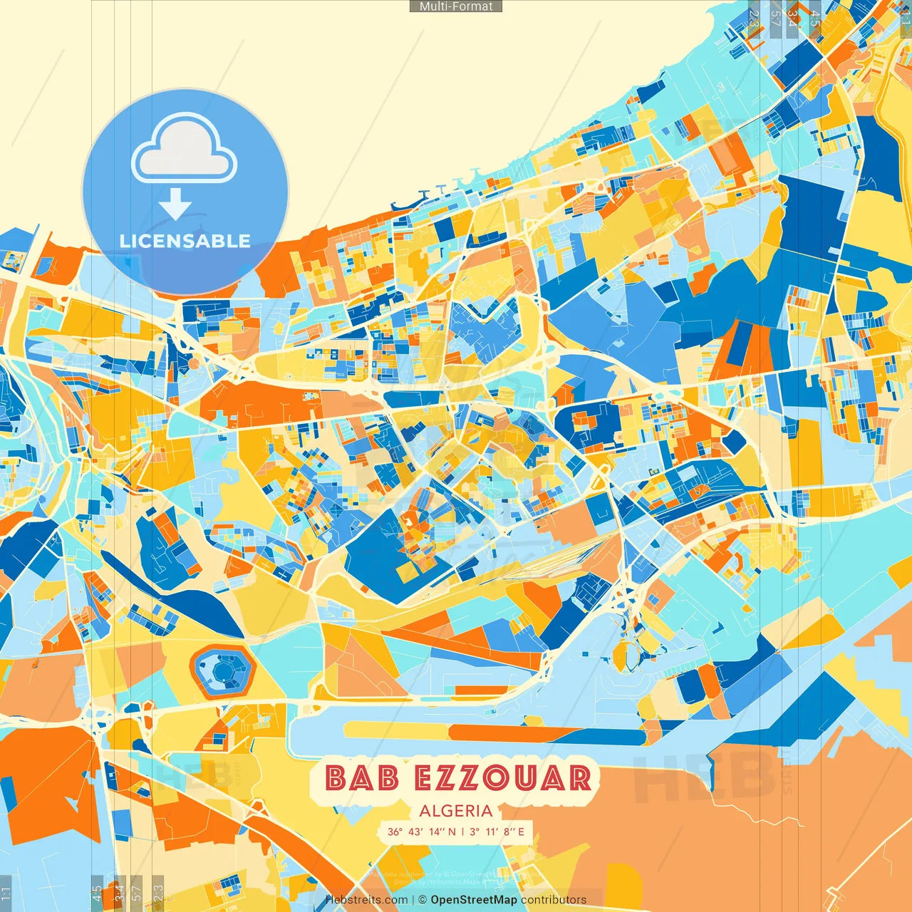 Bab Ezzouar, Algeria blue and orange vector art map template