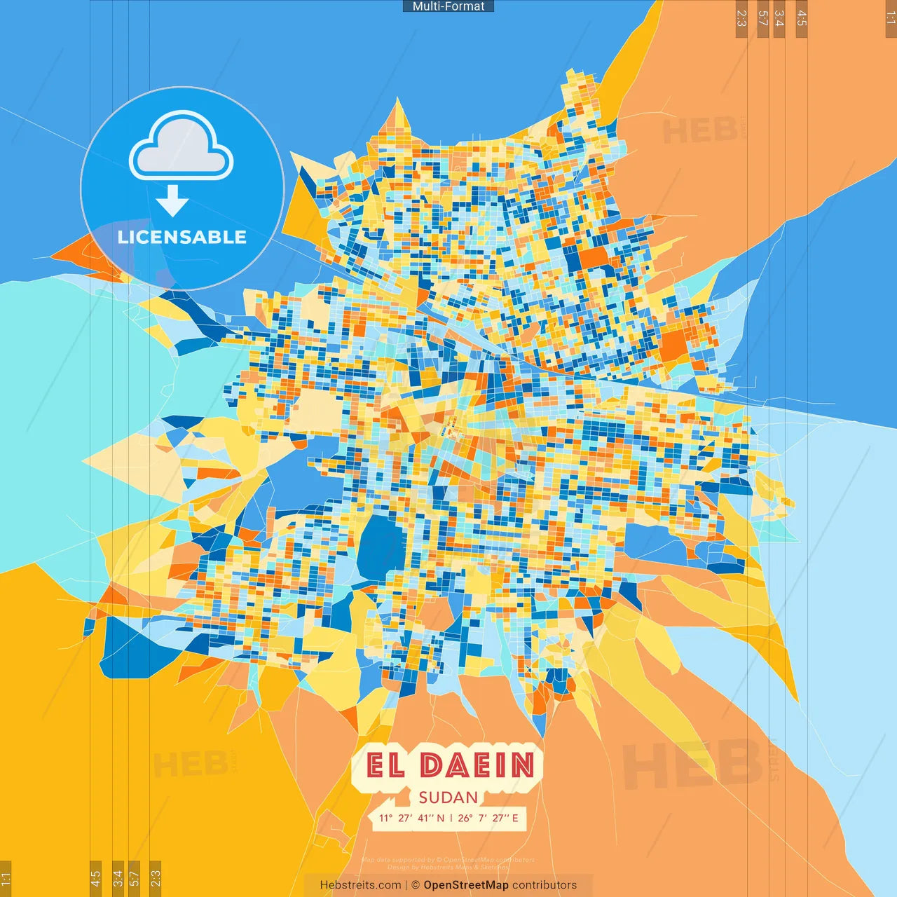 El Daein, Sudan blue and orange vector art map template