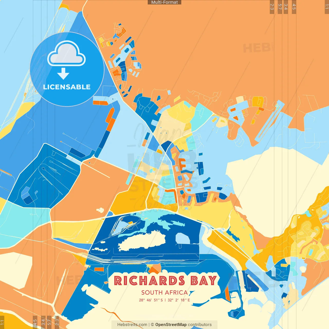Richards Bay, South Africa blue and orange vector art map template