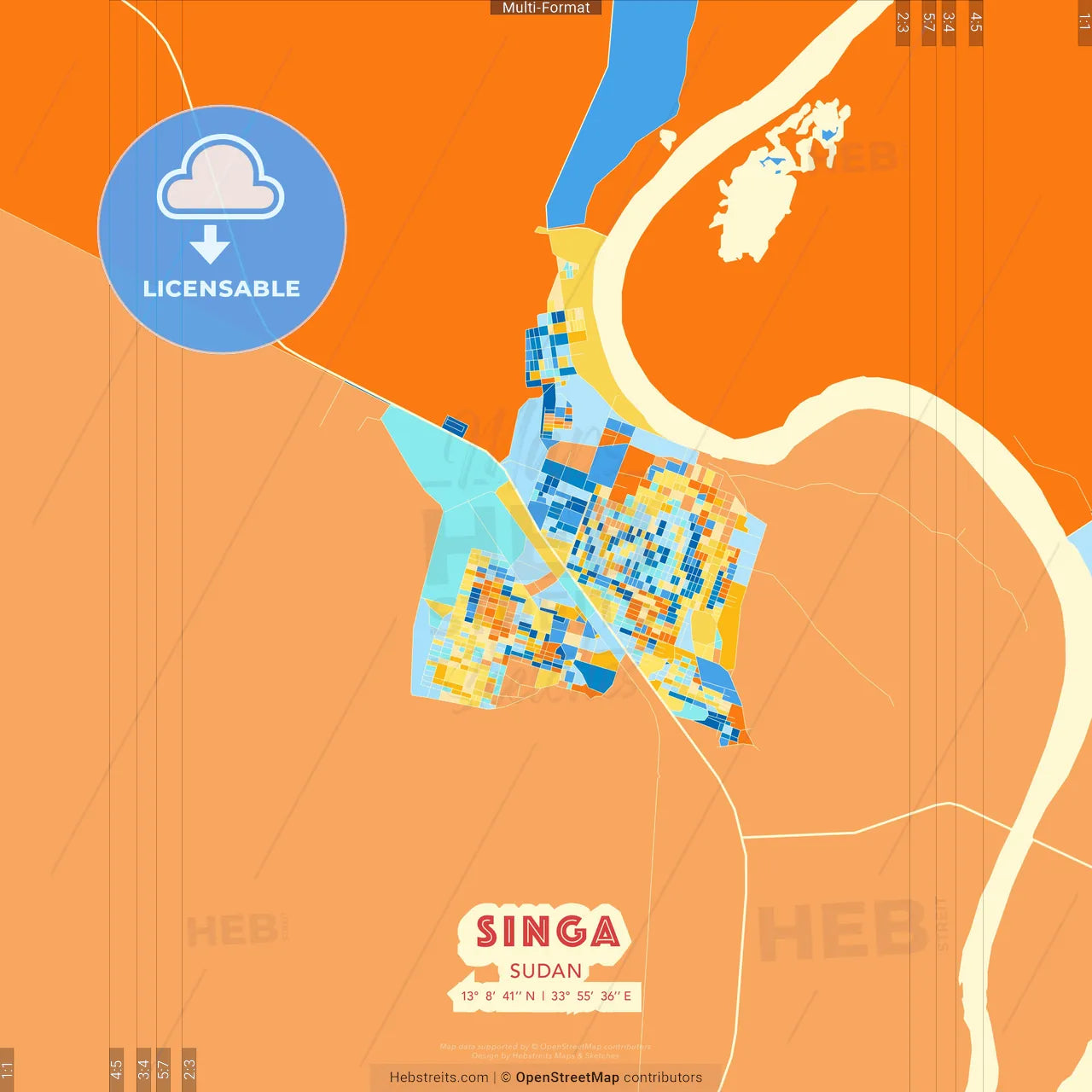 Singa, Sudan blue and orange vector art map template
