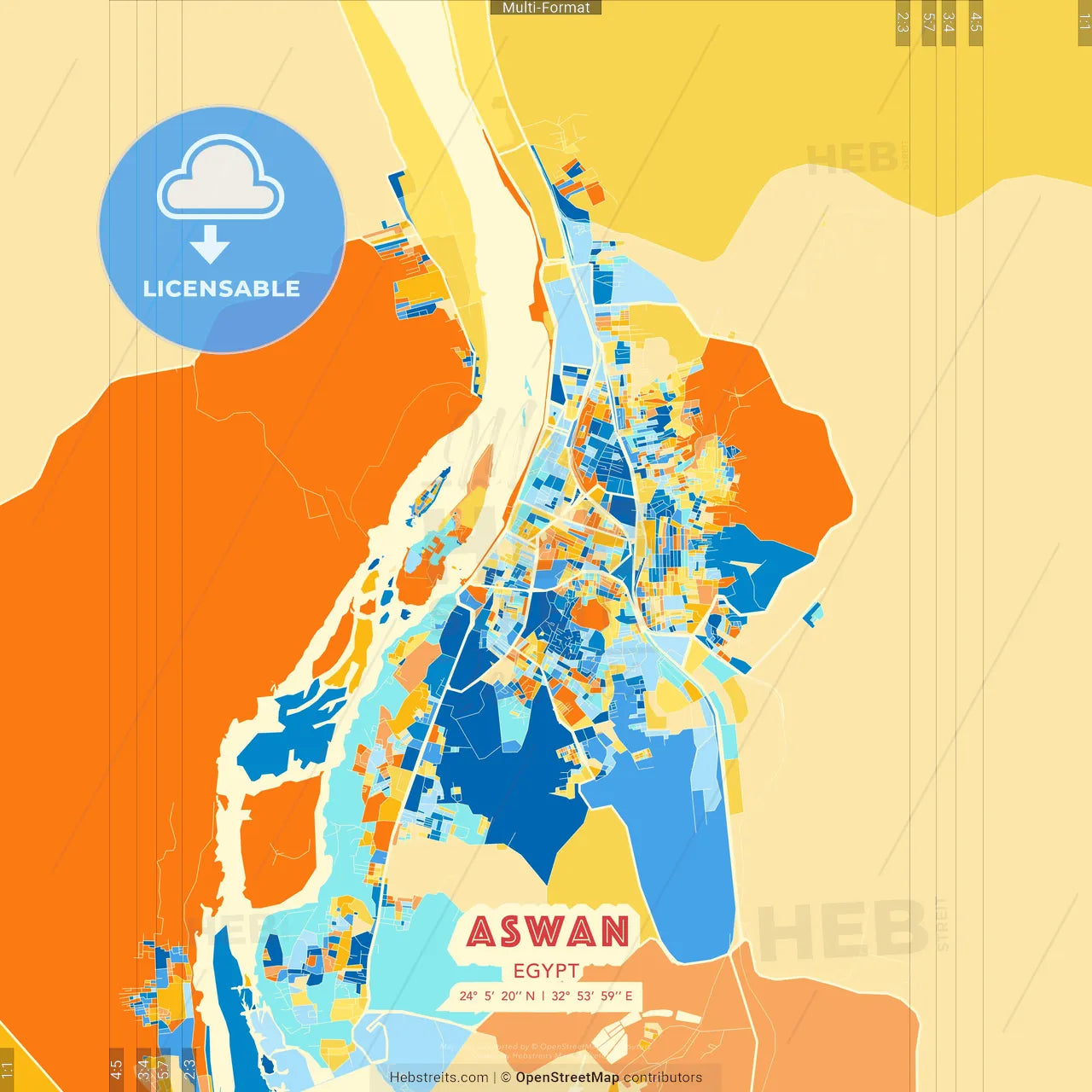 Aswan, Egypt blue and orange vector art map template