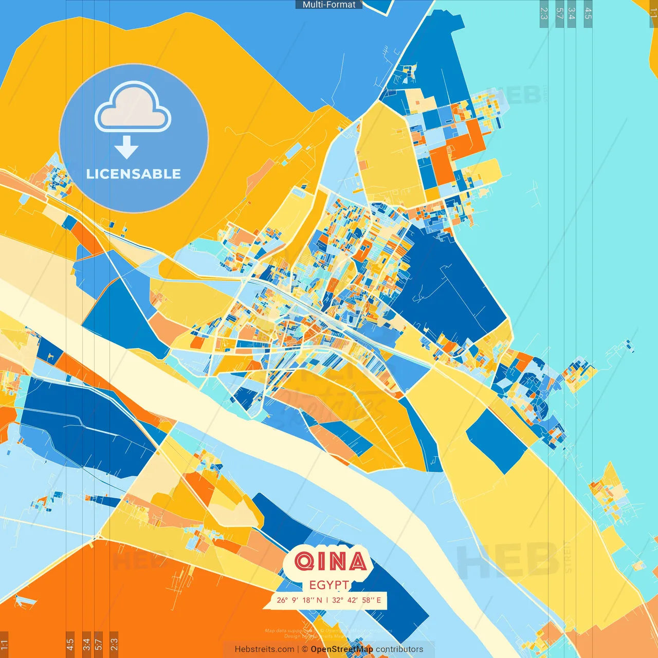Qina, Egypt blue and orange vector art map template