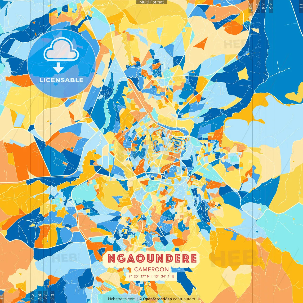 Ngaoundere, Cameroon blue and orange vector art map template