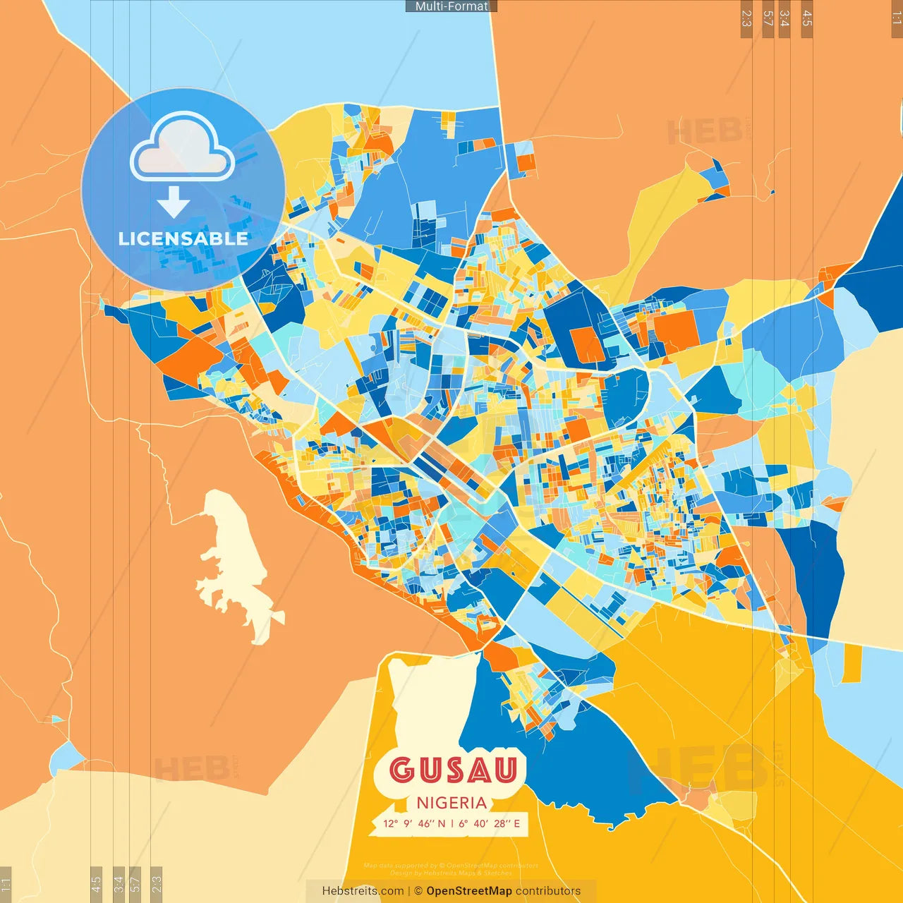 Gusau, Nigeria blue and orange vector art map template