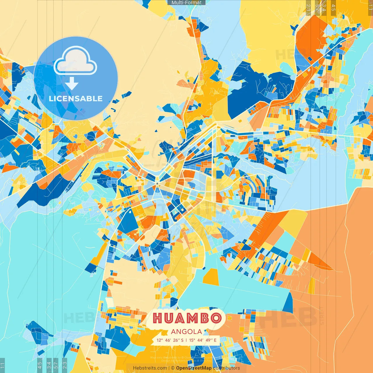 Huambo, Angola blue and orange vector art map template