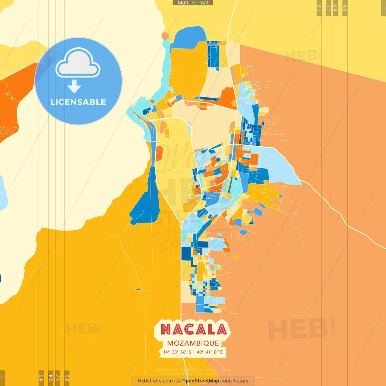 Nacala, Mozambique blue and orange vector art map template