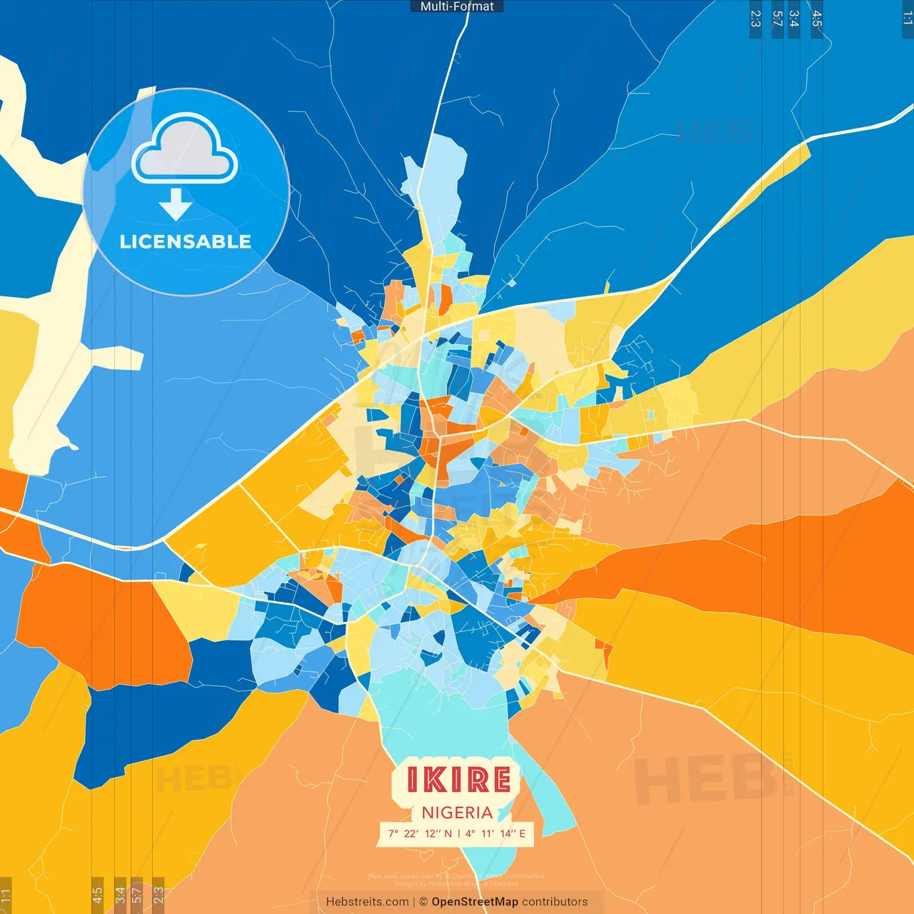 Ikire, Nigeria blue and orange vector art map template