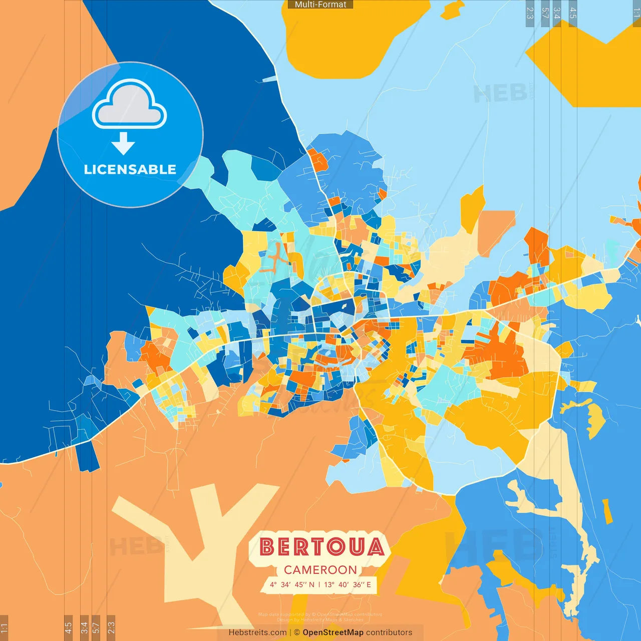 Bertoua, Cameroon blue and orange vector art map template