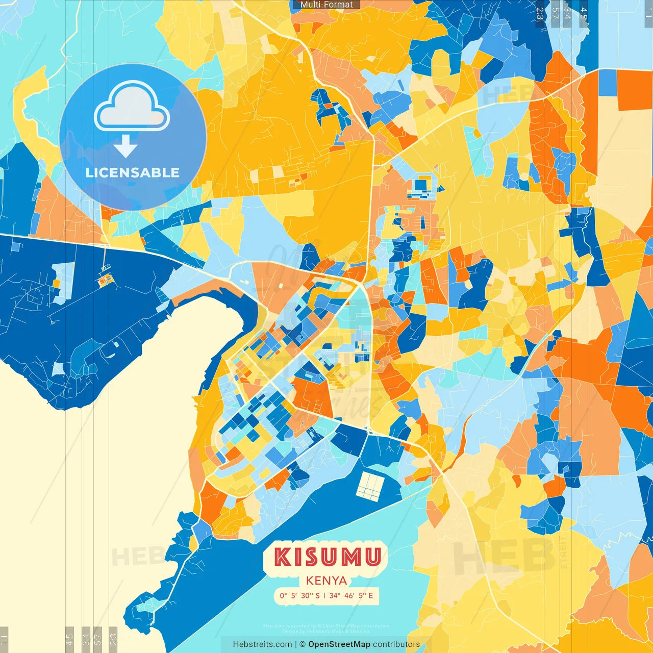 Kisumu, Kenya blue and orange vector art map template