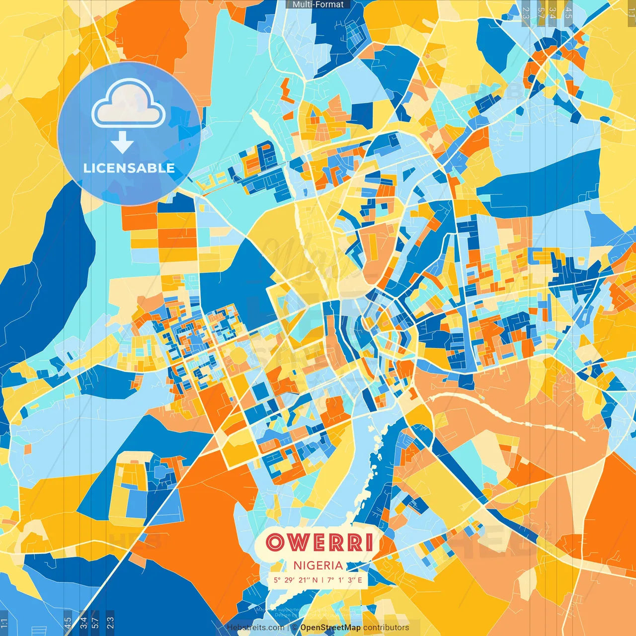 Owerri, Nigeria blue and orange vector art map template