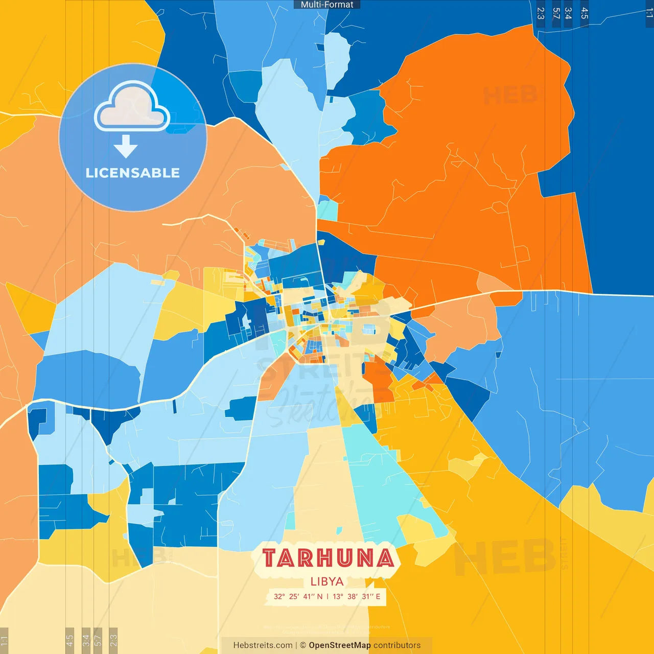 Tarhuna, Libya blue and orange vector art map template