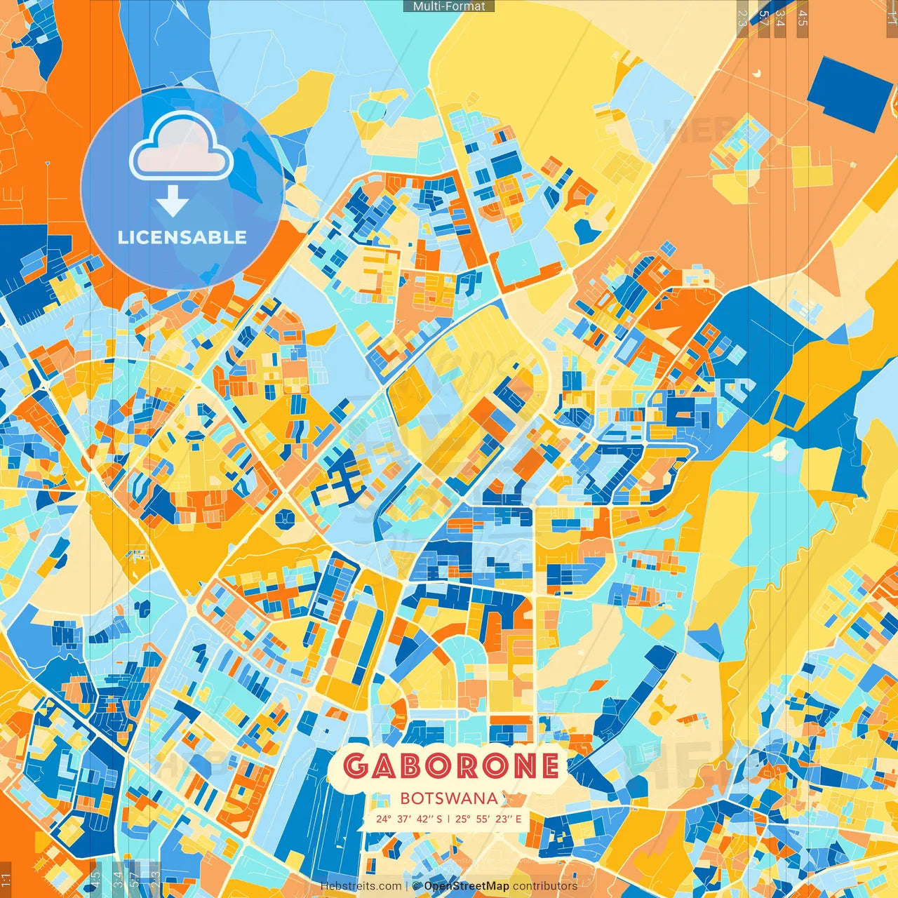 Gaborone, Botswana blue and orange vector art map template