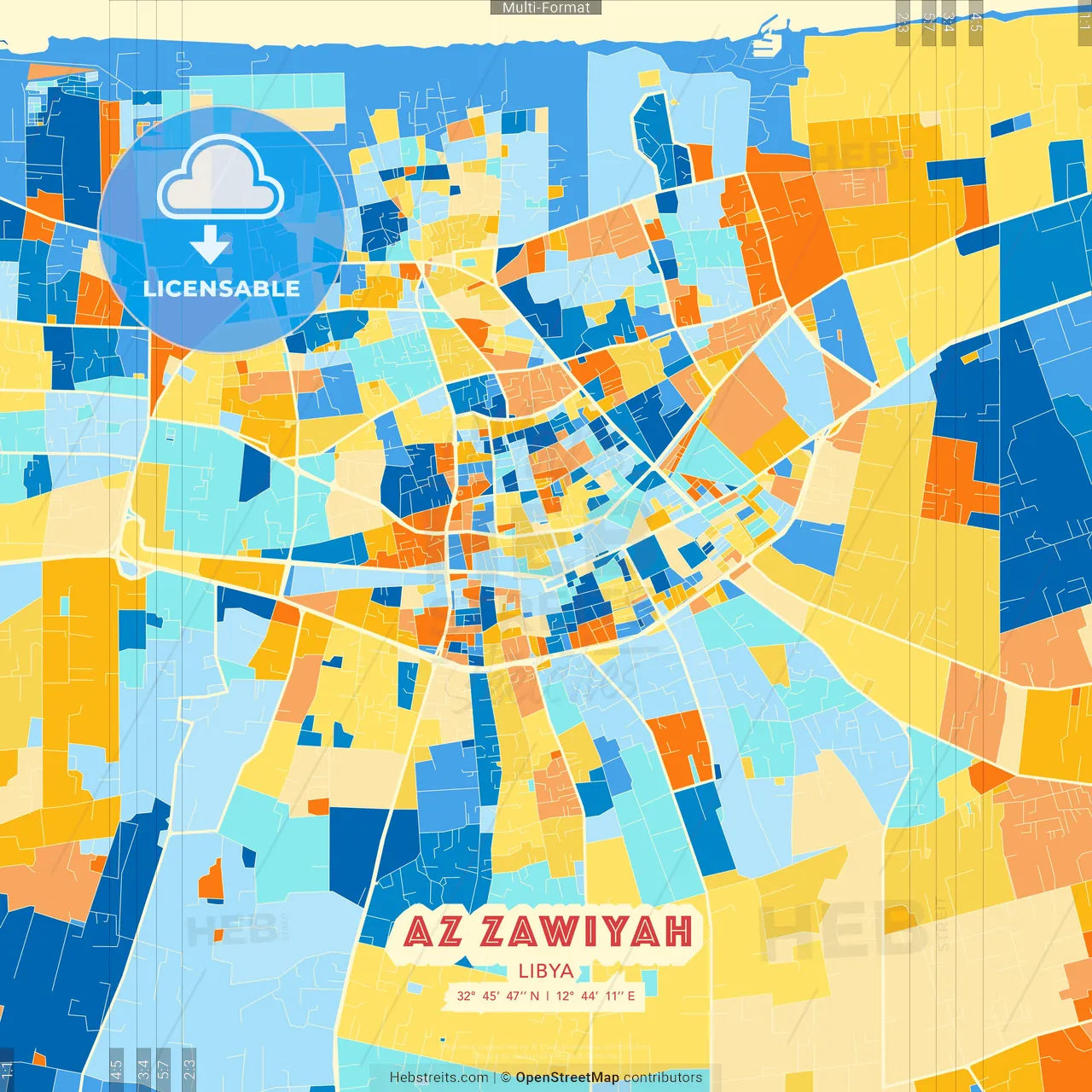 Az Zawiyah, Libya blue and orange vector art map template