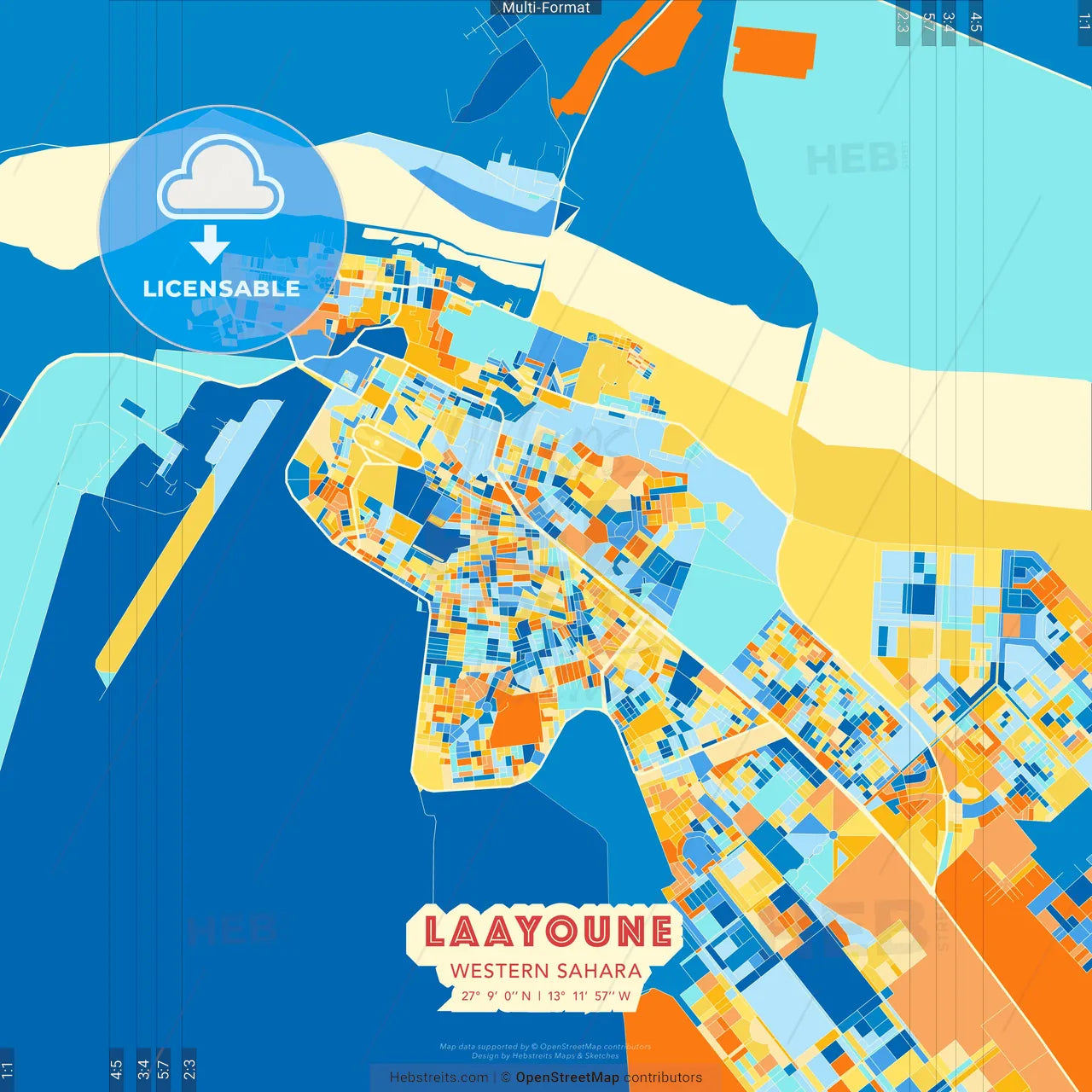 Laayoune, Western Sahara blue and orange vector art map template