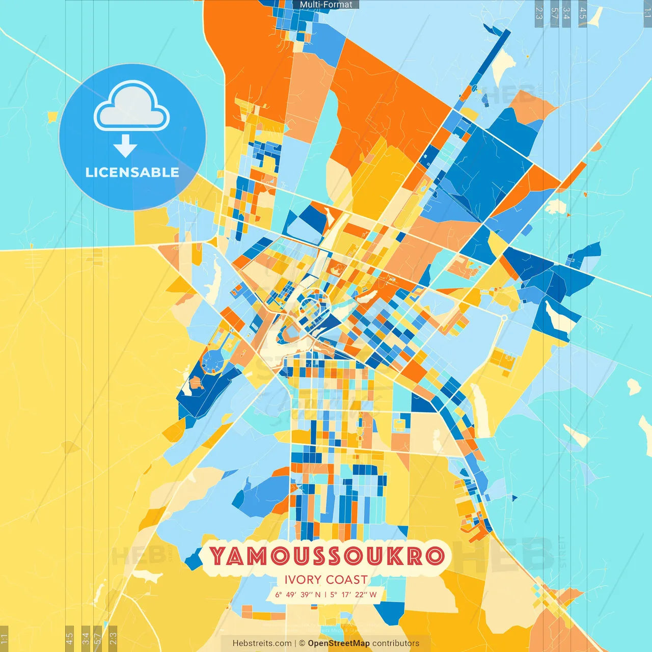 Yamoussoukro, Ivory Coast blue and orange vector art map template