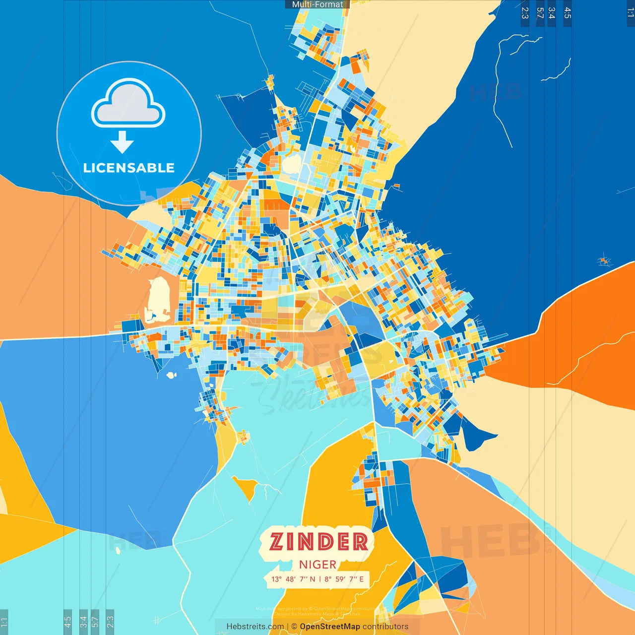 Zinder, Niger blue and orange vector art map template