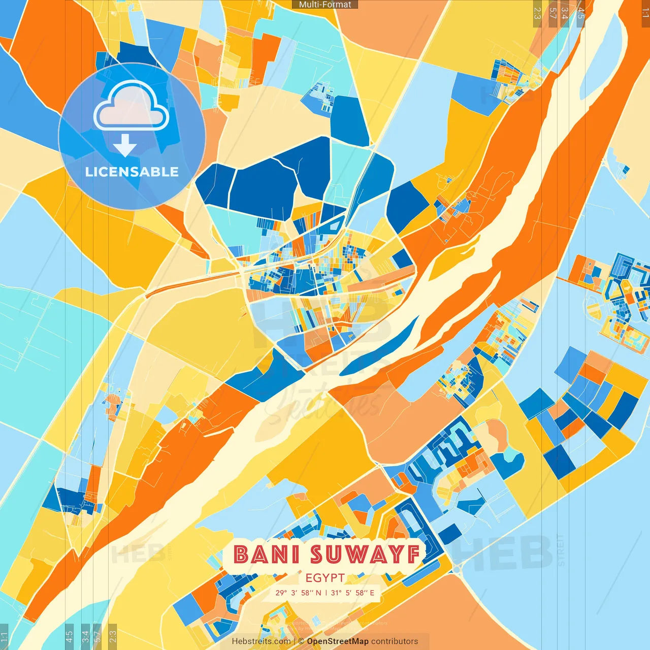 Bani Suwayf, Egypt blue and orange vector art map template