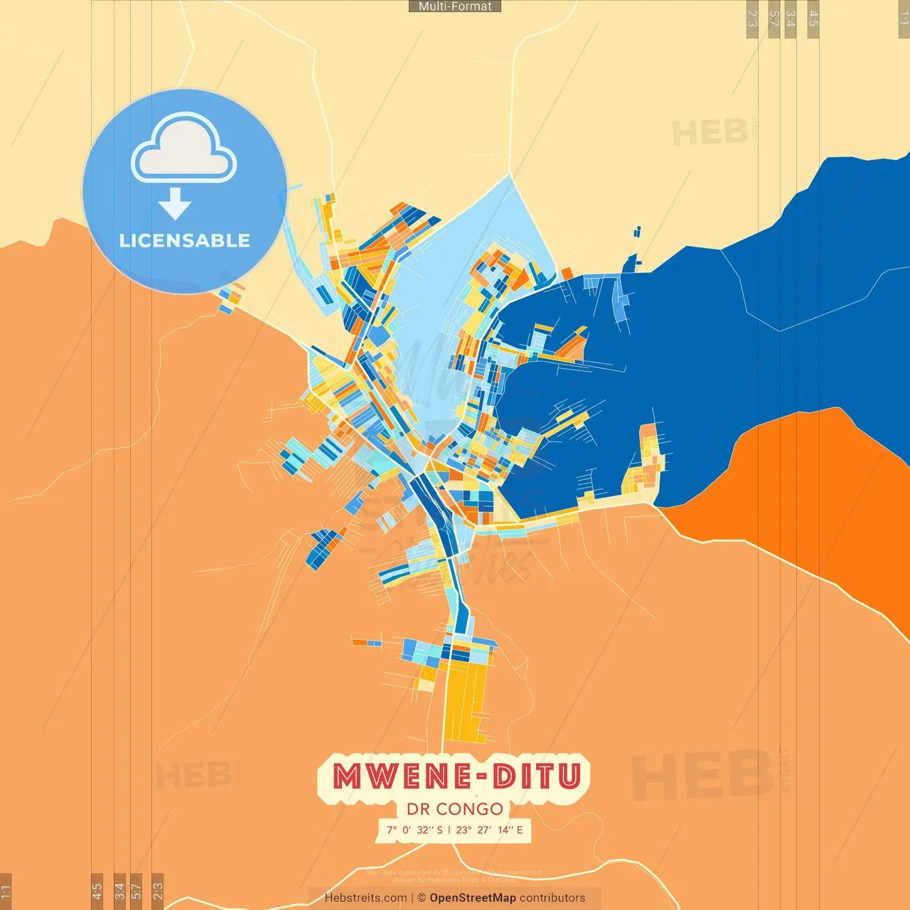 Mwene-Ditu, DR Congo blue and orange vector art map template