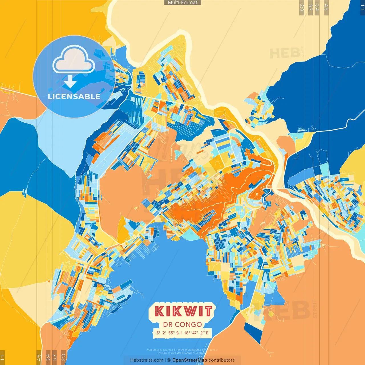 Kikwit, DR Congo blue and orange vector art map template