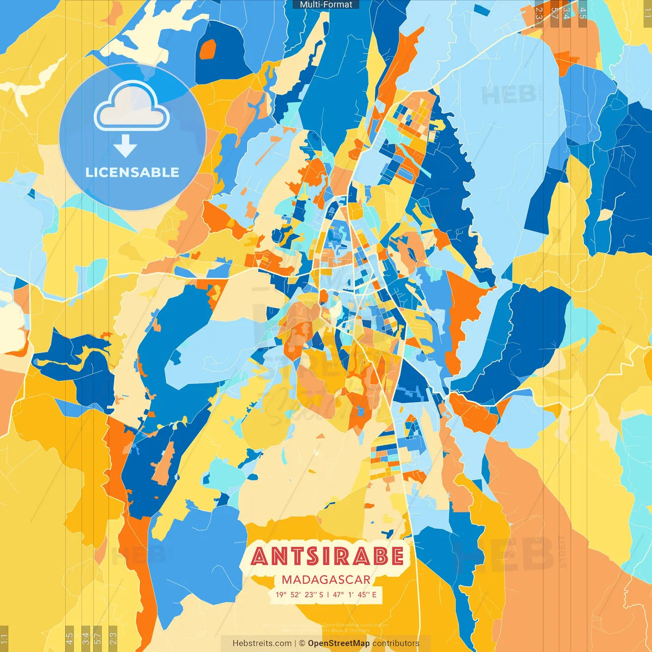 Antsirabe, Madagascar blue and orange vector art map template