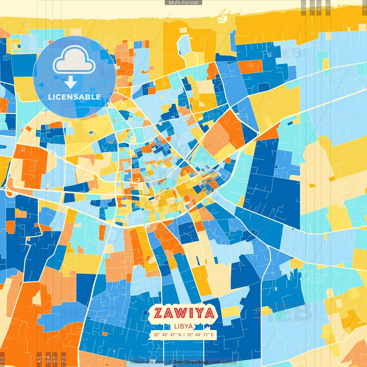 Zawiya, Libya blue and orange vector art map template