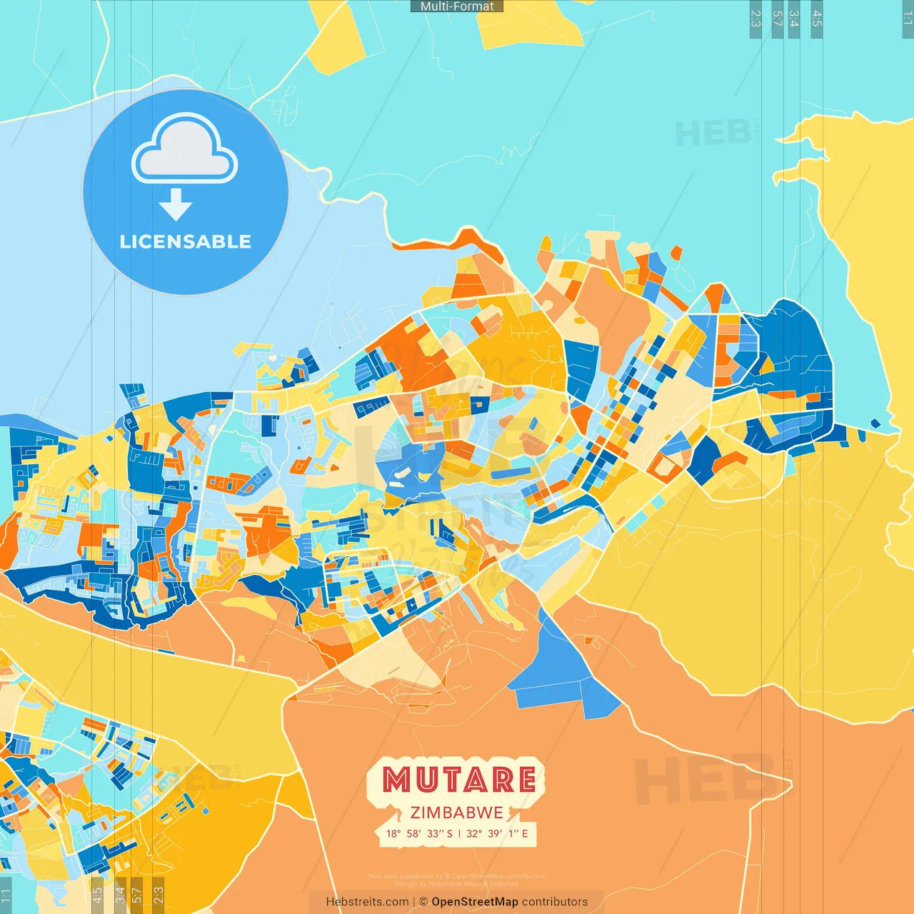Mutare, Zimbabwe blue and orange vector art map template