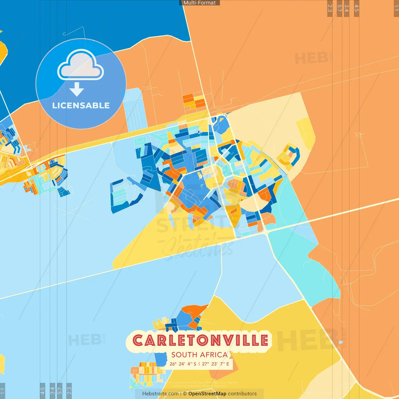 Carletonville, South Africa blue and orange vector art map template