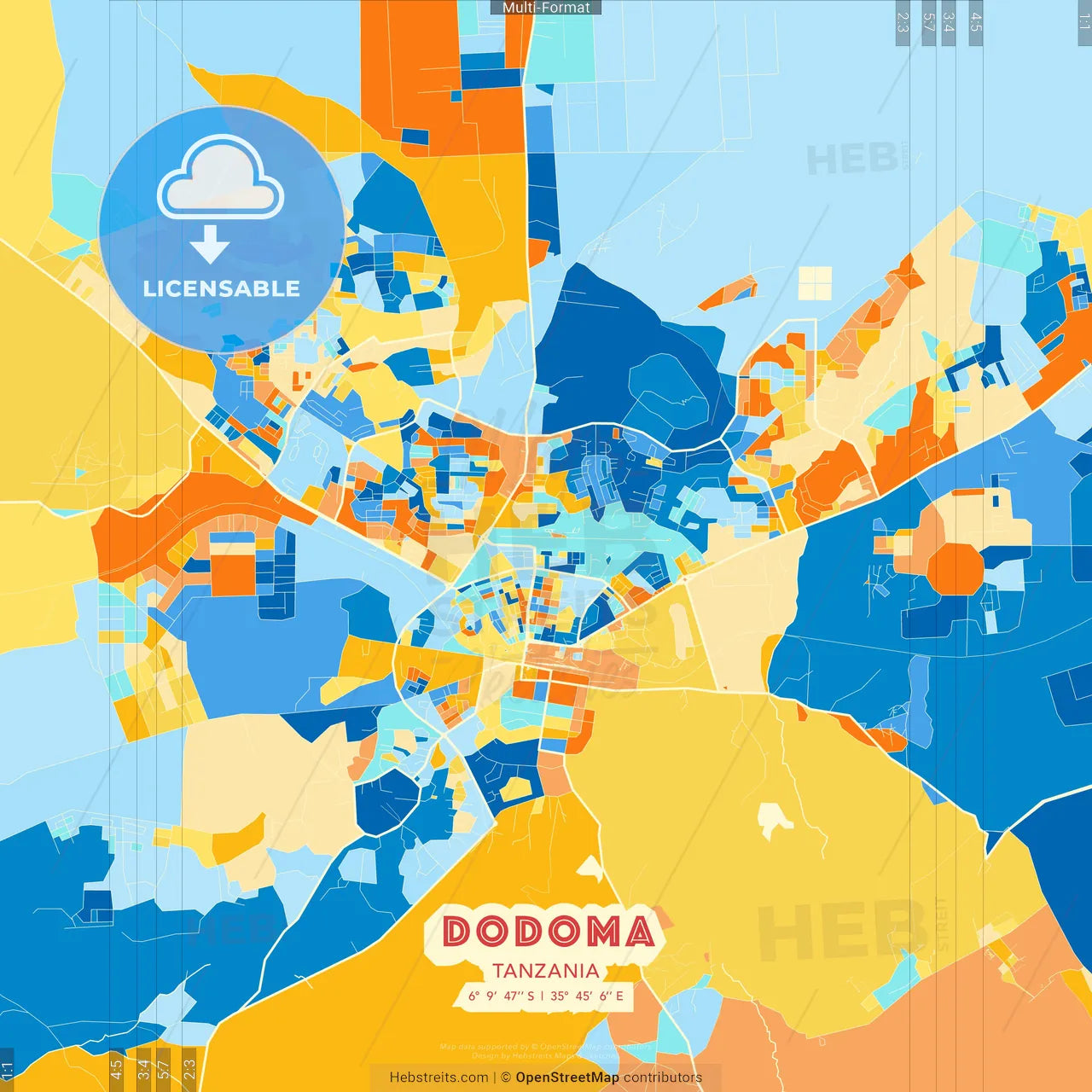 Dodoma, Tanzania blue and orange vector art map template