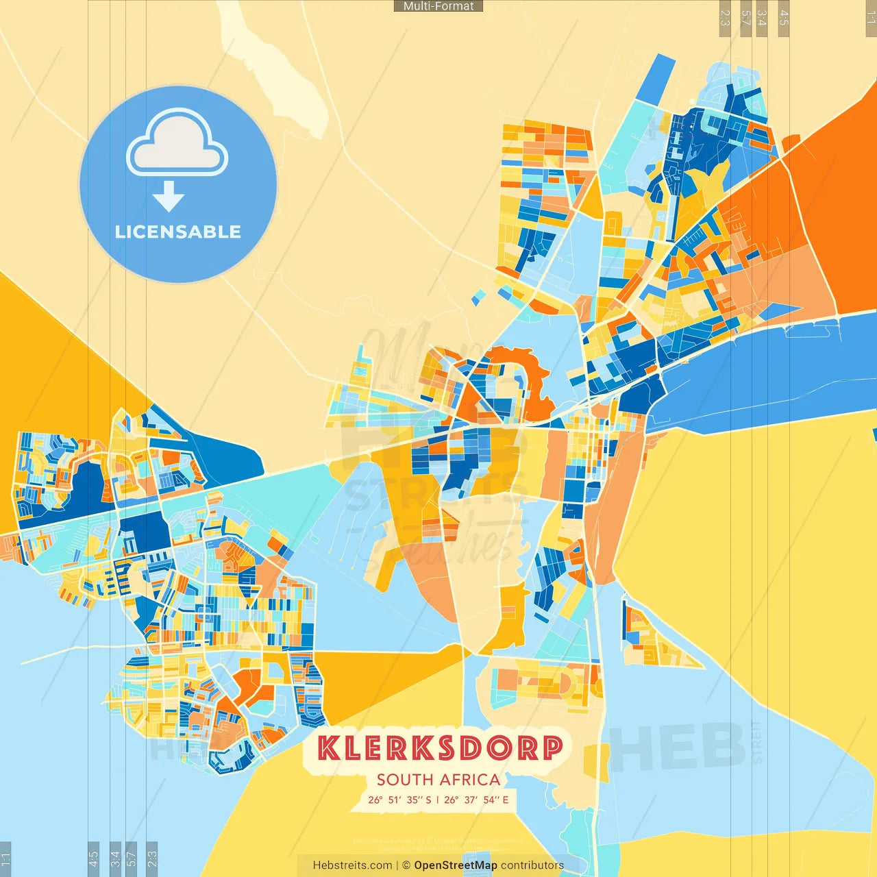 Klerksdorp, South Africa blue and orange vector art map template