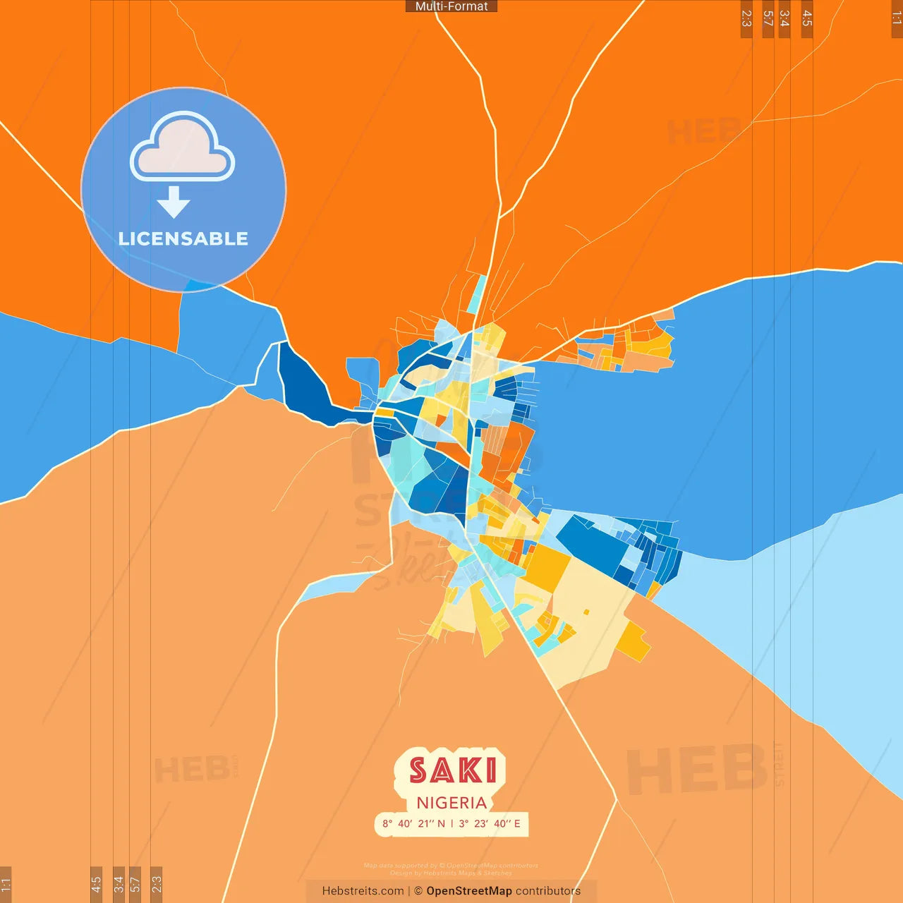 Saki, Nigeria blue and orange vector art map template