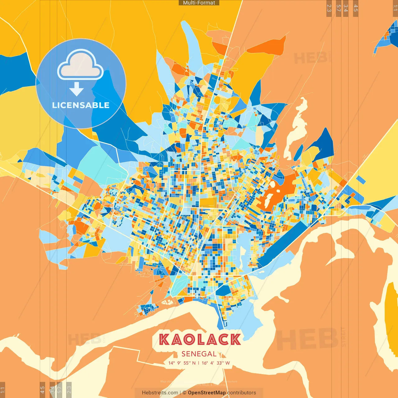 Kaolack, Senegal blue and orange vector art map template