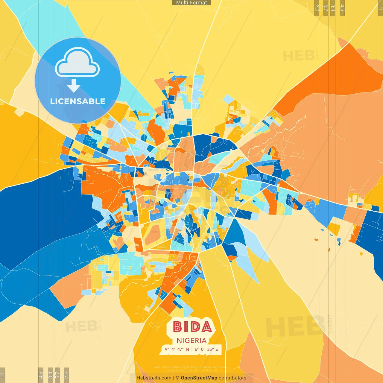 Bida, Nigeria blue and orange vector art map template