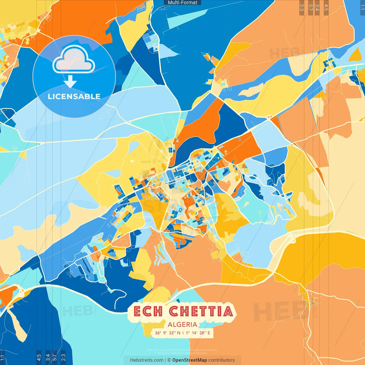 Ech Chettia, Algeria blue and orange vector art map template