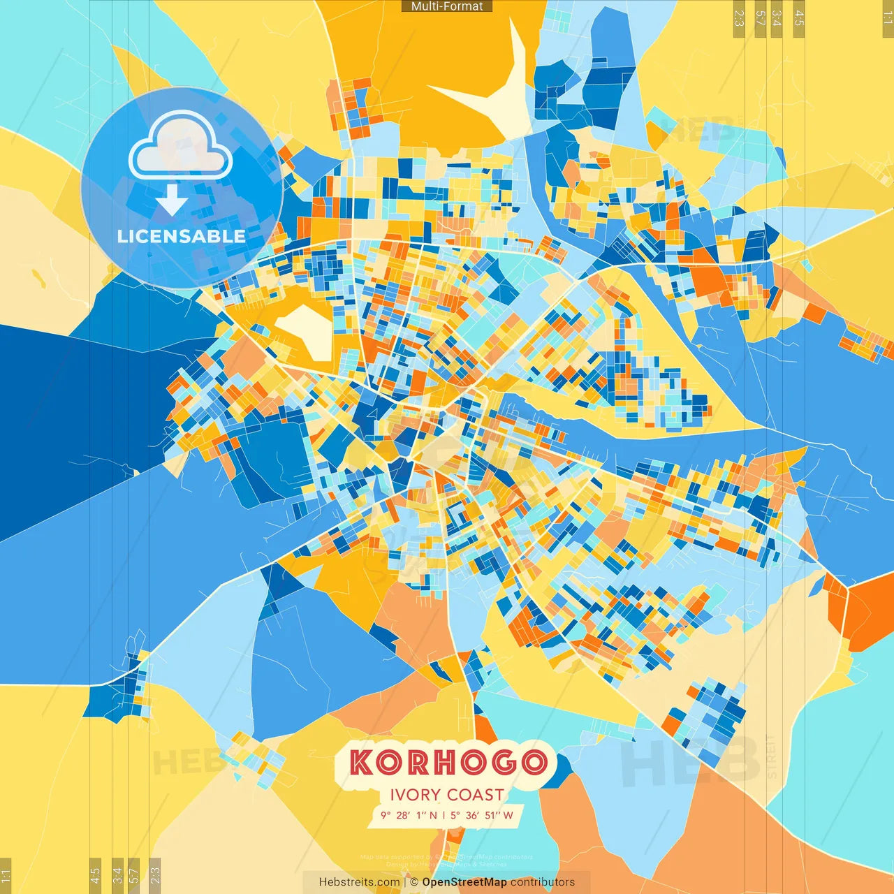 Korhogo, Ivory Coast blue and orange vector art map template