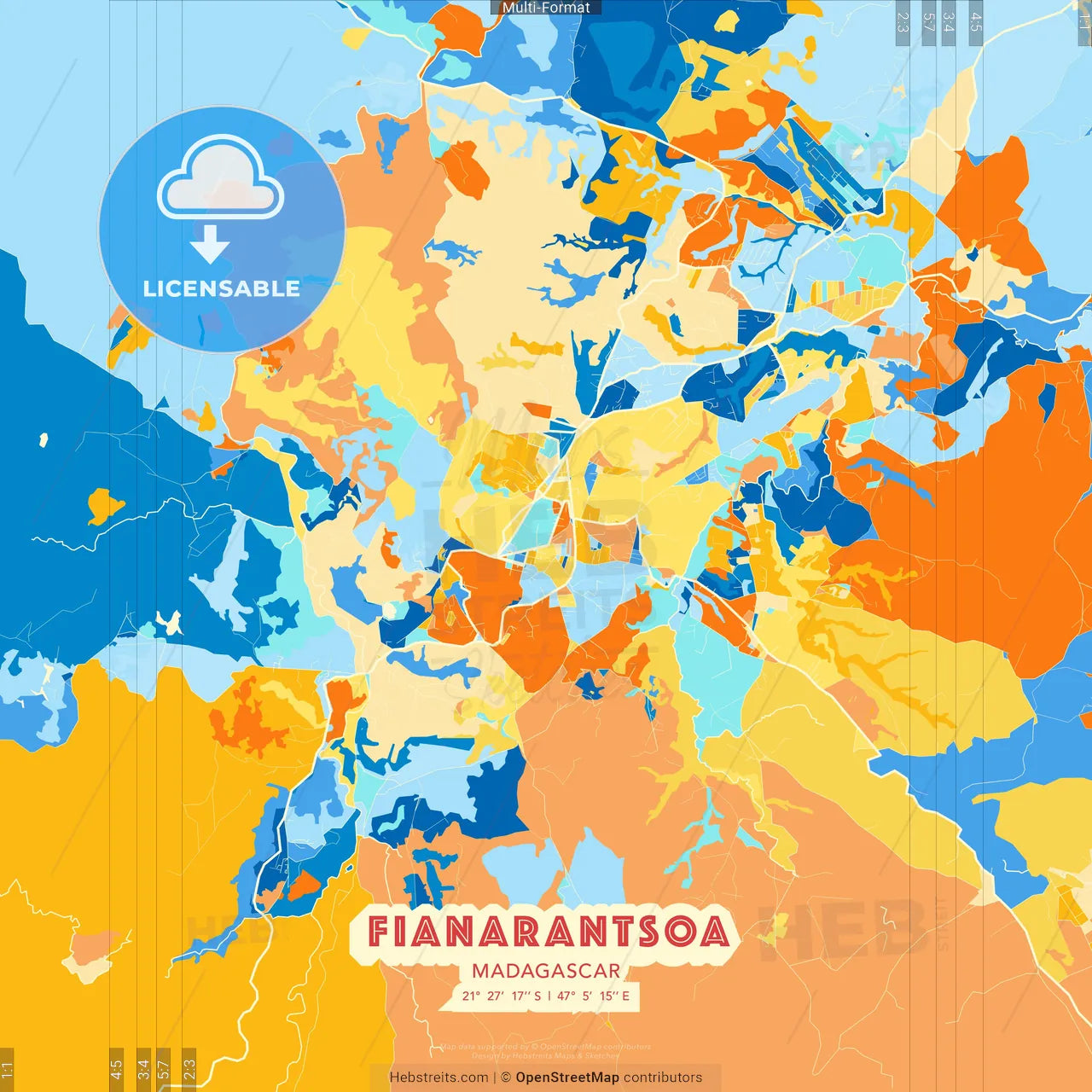 Fianarantsoa, Madagascar blue and orange vector art map template