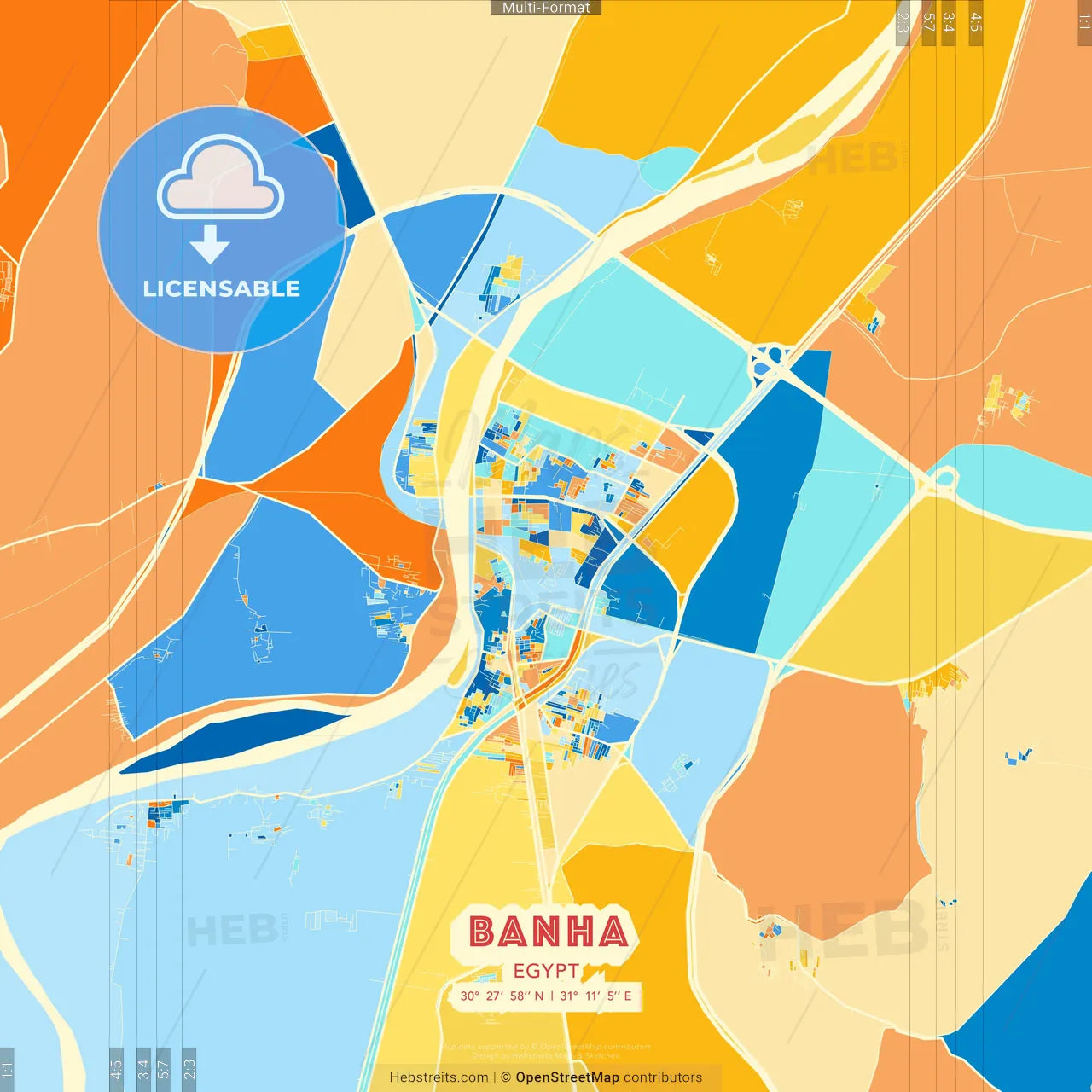 Banha, Egypt blue and orange vector art map template