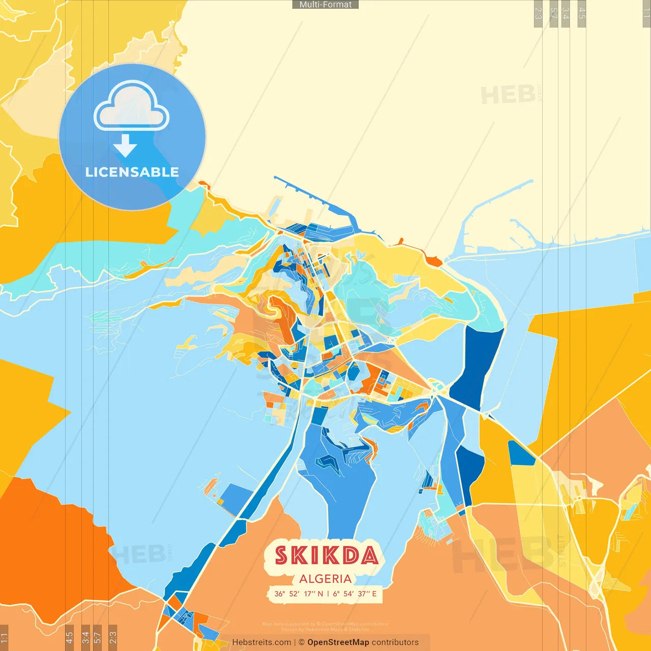 Skikda, Algeria blue and orange vector art map template