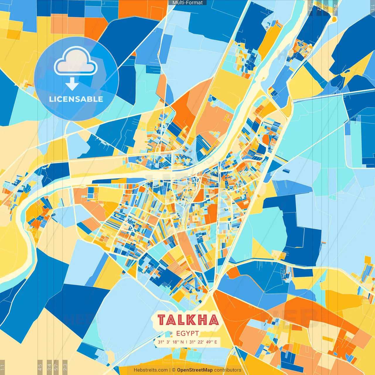 Talkha, Egypt blue and orange vector art map template